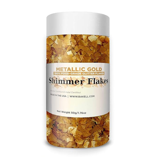 BAKELL Edible Glitter Flakes | Vegan Metallic Gold Edible Shimmer Flakes | KOSHER Certified | Halal Certified | 100% Edible & Food Grade | Cakes, Cupcakes, Decoration (Metallic Gold, 50g)