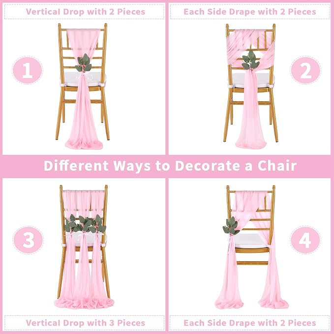 QueenDream Pink Chair Sashes Wedding Aisle Decorations: 50 Packs 8ft Long Draping Fabric Sheer Church Chair Cover Bulk for Party Banquet