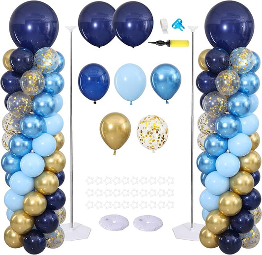Navy Blue and Gold Balloon Column Stand Kit Set of 2 for Floor, Blue and Gold Balloon Arch Kit with 125PCS Balloon Towers for Birthday Graduation Baby Shower Retirement Party Decorations