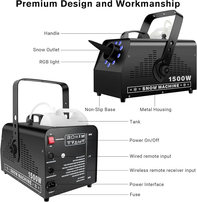 1500W Snow Machine: 9 LEDs Light - Wired & Wireless Remote Control- 7 Color Lights Effect - Snowflake Maker for Outdoor Party Wedding Stage Backyard Events