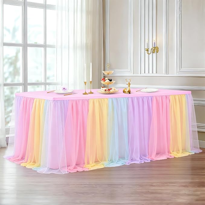 4 Pack Rainbow Tablecloths with Tulle Table Skirt for 8 Foot Rectangle Tables, Party Ruffle Tutu Table Skirt Stretch Fitted Covers for Wedding Reception Birthday Baby Shower Celebration Banquet Event