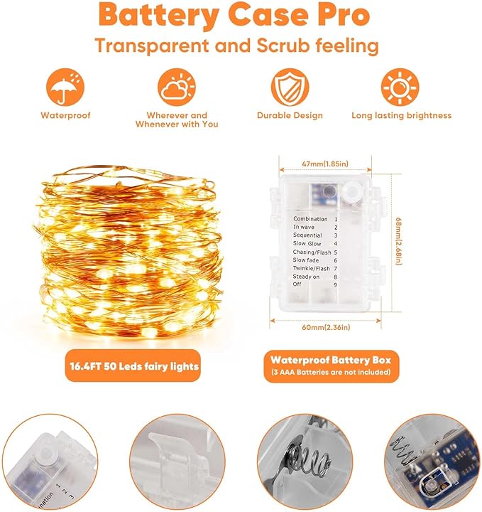 Ariceleo 1 Pack 16.4 Ft. Battery Operated Outdoor String Lights with Remote & Timer, LED Warm White Fairy Lights, Waterproof Twinkle Lights for Bedroom, Dorm, Mason Jar, Wedding, Party, Christmas