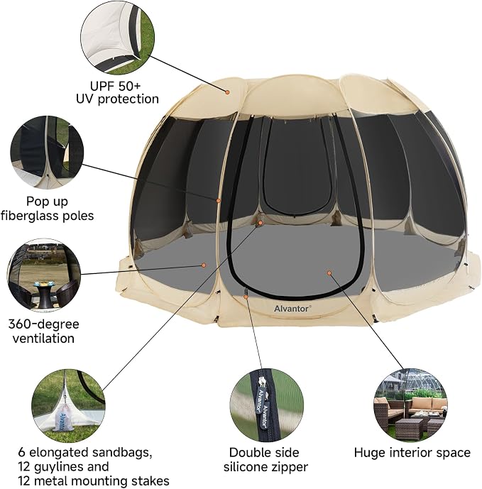 Alvantor Pop Up Screen House Tent, Instant Outdoor Gazebo with Mosquito Netting & UPF 50+ Sun Protection, Portable Canopy Shelter for Patio, Backyard, Camping (2-10 Person)