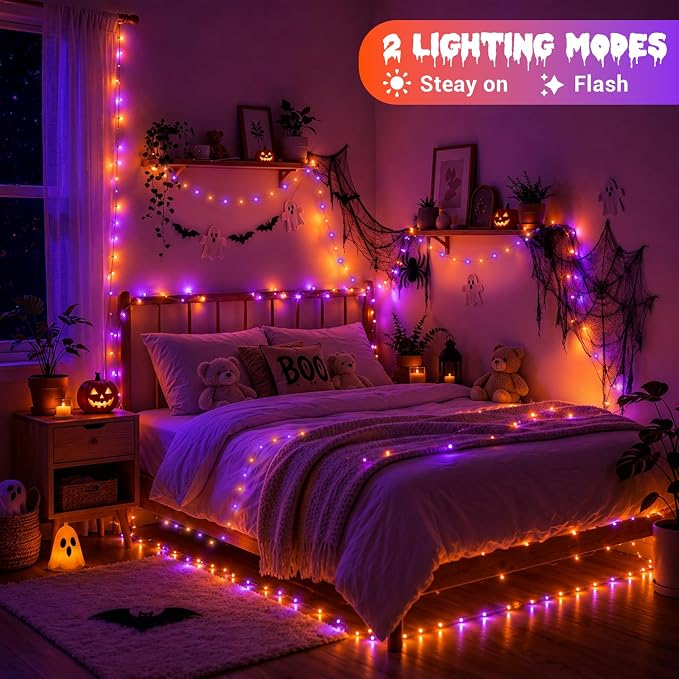 YEGUO Fairy Lights Battery Operated, 6 Packs Each 16ft 50 LED String Lights, 2 Modes Silver Wire Christmas Twinkle Light Indoor for Halloween Bedroom Wedding Party Holiday Gift(Orange and Purple)