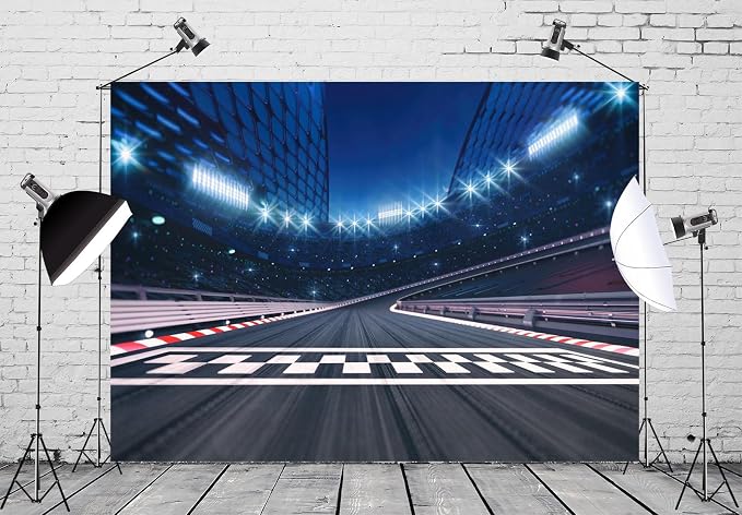 8x6ft Fabric Finish Line Race Track Backdrop Racing Car Racetrack Backdrops for Photography Bleachers Motorsport Racing Sports Party Background Race Birthday Party Decorations Photo Booth Props