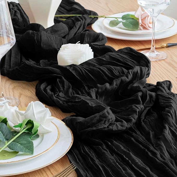 Table Runner Cheesecloth 10FT Black Boho Gauze Cheese Cloth Rustic Sheer Table Runners for Wedding Birthday Bridal Baby Shower Party Decoration
