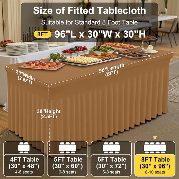 Smiry Spandex Tablecloth 2 Pack, Elastic Fitted Stretch Tablecloth for 8FT Rectangle Tables, Waterproof Washable Table Cover Skirt for Outdoor, Wedding, Banquet & Parties (Brown, 96Lx30Wx30H Inch)