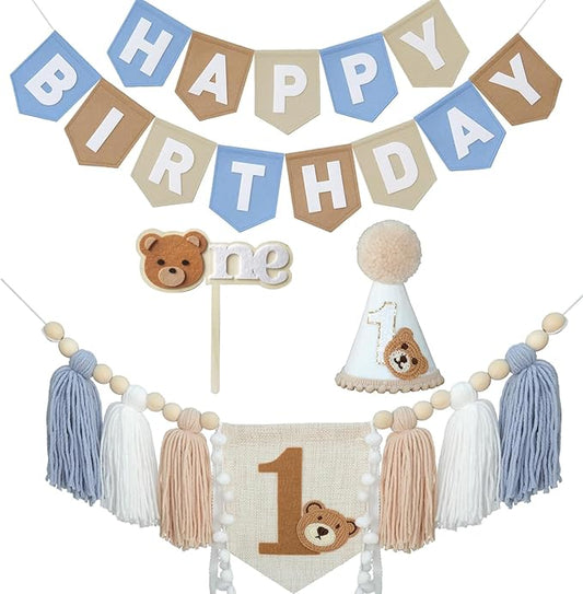 Felt Happy Birthday Banner 1st Birthday Decorations - High Chair Banner (Khaki Bear)