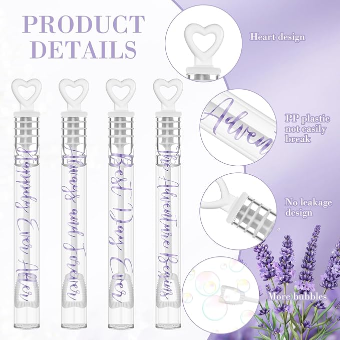 Hollowfly 120 Pack Purple Lavender Wedding Mini Bubble Wands for a Wedding Bulk White Heart Bubble for Guests Send off Wand Adults Bridal Exit Shower Party Supplies Valentine Anniversaries Celebration