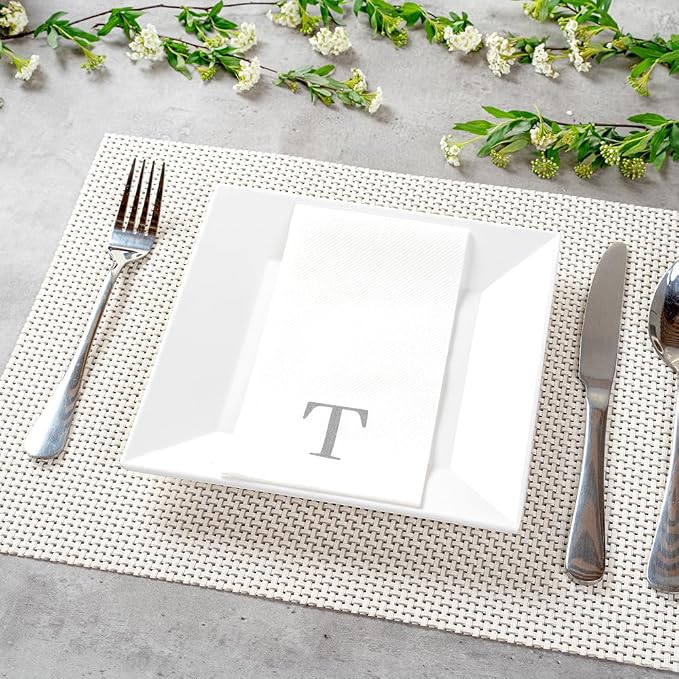 Luxenap 15.8 X 7.9 Inch Linen-Feel Guest Towels, 50 Lettered Hand Towels - Silver Letter 'T', Sans Serif Font, White Paper Dinner Napkins, airlaid, For Restrooms And Tables - Restaurantware