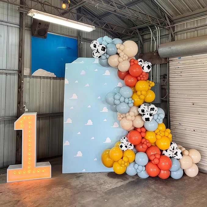Western Balloon Arch Kit, 123pcs Retro Burnt Orange Pastel Blue Mustard Yellow Balloon Garland with Cow Print Cloud Print Balloons for Boy Story Baby Shower First Rodeo Farm Adventure Decorations