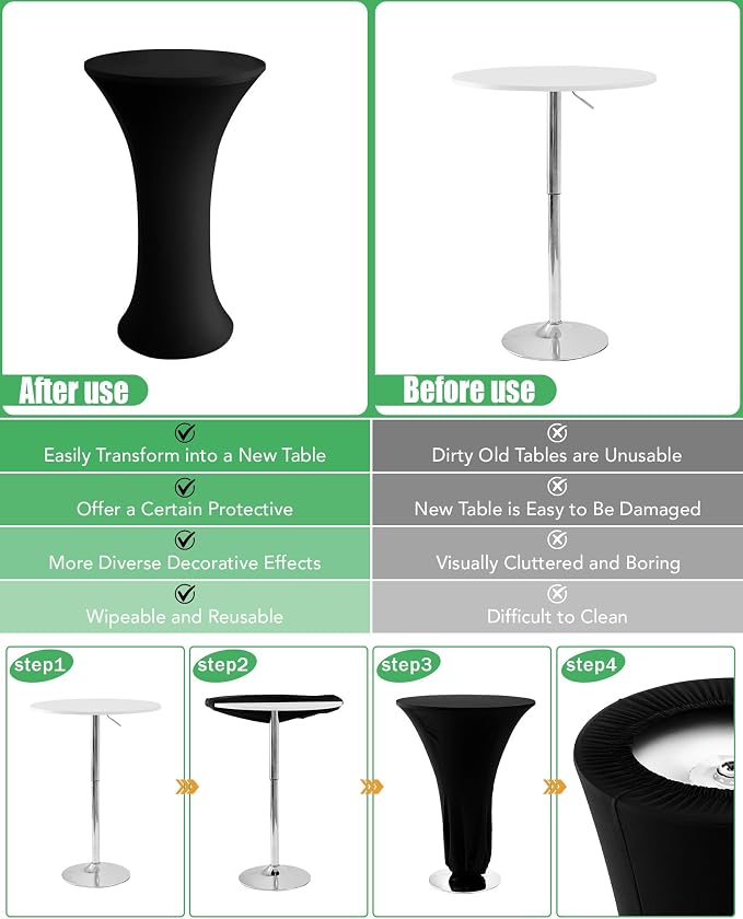 KeyWave Cocktail High Top Table Covers - 24x43 Inch Fitted Spandex Round Cocktail Tablecloth for Bar Height Standing Table Cloths Reusable, for Party Bistro Wedding Event Decorations, Black, 8 Pack