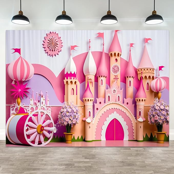 12x10ft Princess Castle Backdrop Pink Purple Floral Girl Birthday Photography Background Kids Birthdays Newborn Baby Shower Banner Decorations Wedding Party Portrait Photo Booth Prop