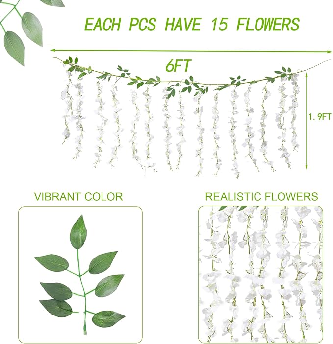 BSMYBO 60 Branches Wisteria Hanging Flowers White Artificial Wisteria Hanging Flowers Garlands Vine for Wedding Arch Party Ceremony Home Garden Backdrop Wall Decoration (4 Pack)