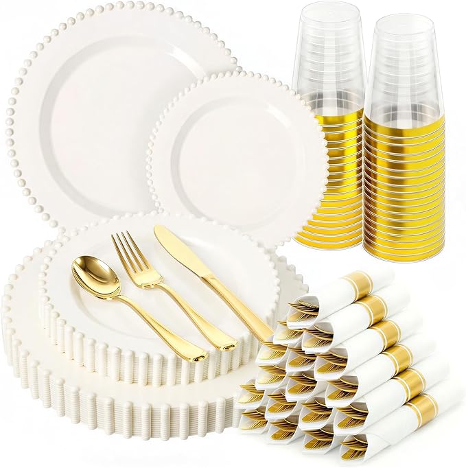 175pcs Plastic Dinnerware Set Ivory 25 Guests for Wedding | Fancy Beaded Plastic Plates Include 50 Elegant Plastic Plates,25 Cups and 25 Pre Rolled Napkins with Cutlery Set