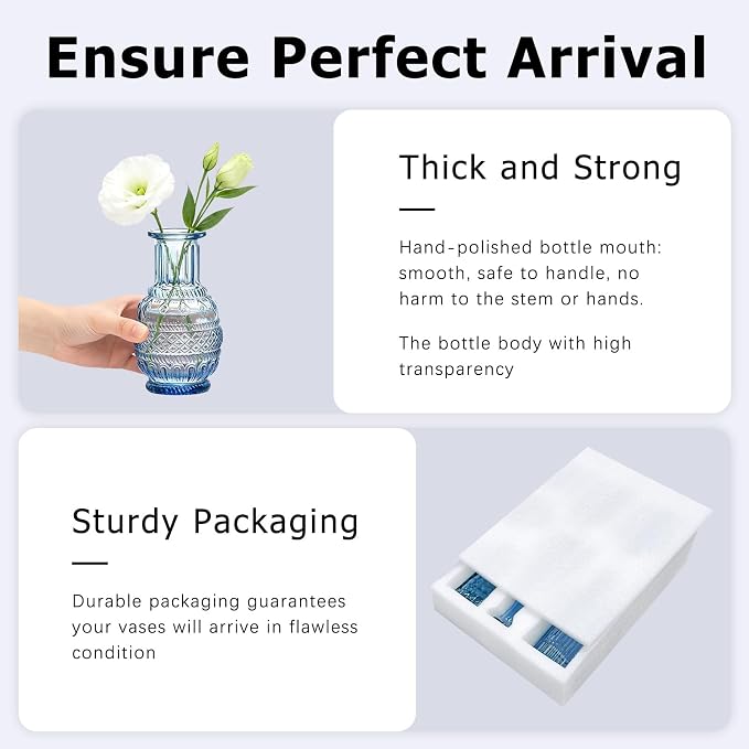SUPMIND 6pcs Glass Bud Vase Set, Small Blue Flower Vases for Centerpieces in Bulk, Mini Vintage Vase for Wedding, Home Decor, Table Decoration