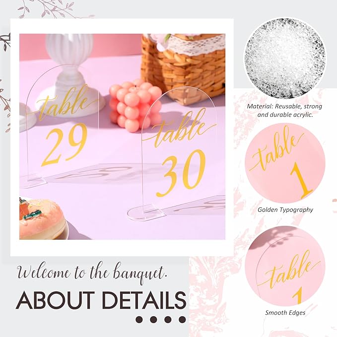 30 Sets Arch Acrylic Sign Gold Printed 1-30 Table Signs with Stands Calligraphy Clear Table Number Display Stand for Wedding Reception Event Party Restaurant Centerpieces Decor (5 x 7 Inch)