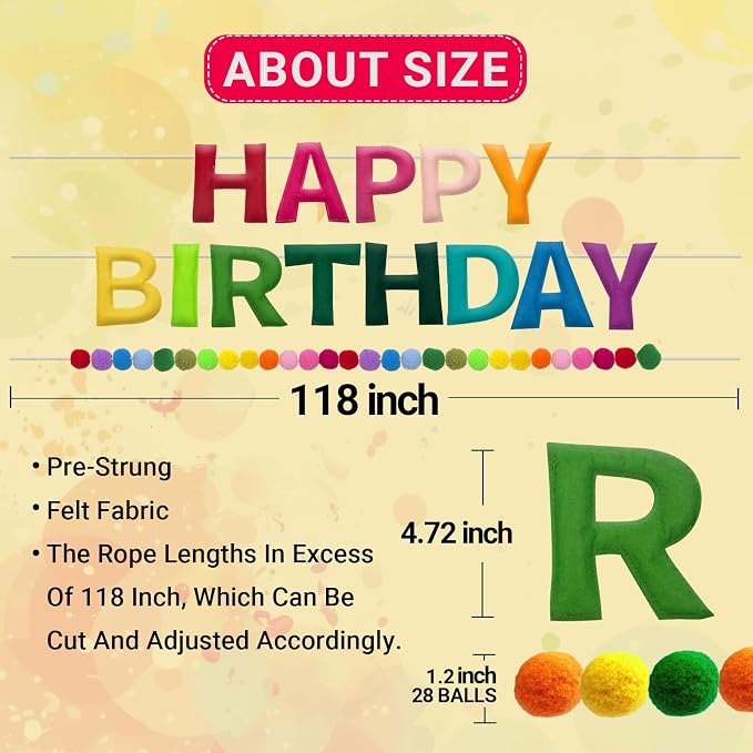 Bosctanuc 118 Inch Pre Strung Happy Birthday Banner, Felt Ball Garland Happy Birthday Garland, Rainbow Birth Day Decor Party Favor, Multi-Color String Balls, Resuable Rainbow Banner