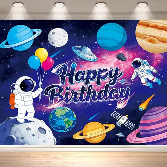 10x8ft Space Astronaut Happy Birthday Backdrop Photography Spaceship Element Decorations Banner Background for Kids' Birthday Planet Party Photo Booth Props