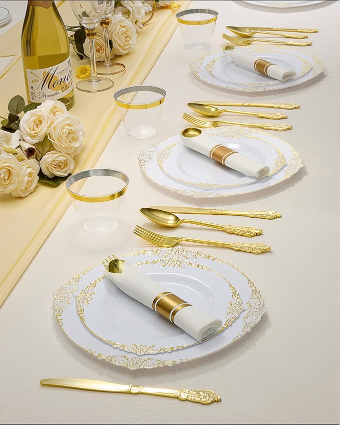Goodluck 350 Piece Gold Plastic Dinnerware Set for 50 Guests, Fancy Disposable Plates, Include: 100 Gold Rim Plastic Plates, 150 Silverwares, 50 Pre Rolled Napkins, 50 Cups for Party, Wedding
