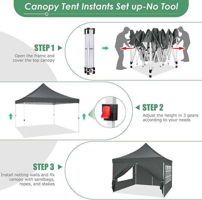 COBIZI 10x10 Pop Up Canopy with 4 Removable Sidewalls, Easy Set Up Canopy Tent, Waterproof Instant Party Tents for Weddings & Parties, UPF 50+ UV Protection, 3-Height Adjustable Frame,Grey
