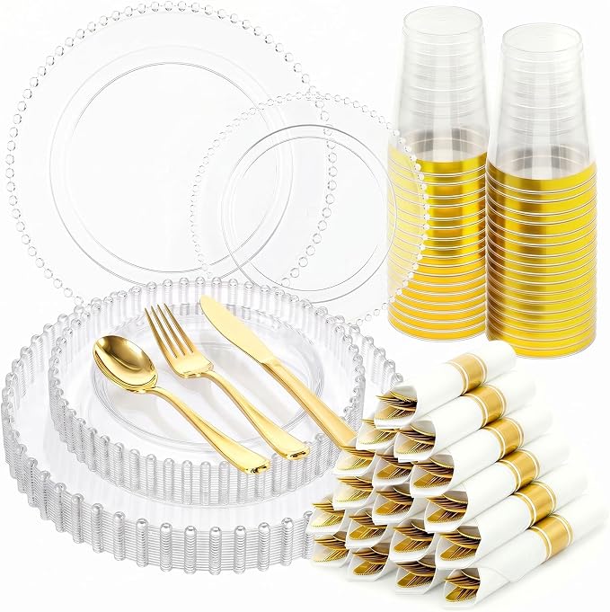 175pcs Plastic Dinnerware Set Clear 25 Guests for Wedding | Fancy Beaded Plastic Plates Include 50 Elegant Plastic Plates,25 Cups and 25 Pre Rolled Napkins with Cutlery Set