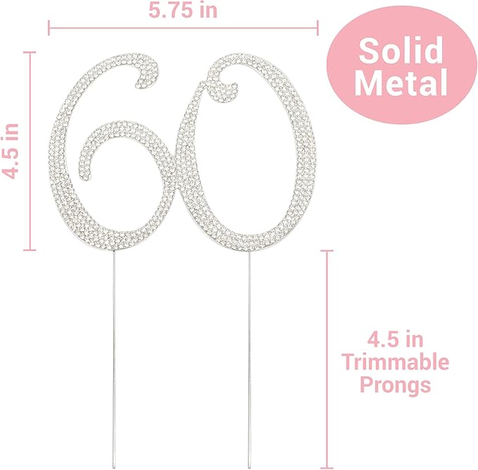 60 Cake Topper - Premium Silver Metal - 60th Birthday or Anniversary Party Sparkly Rhinestone Decoration Makes a Great Centerpiece - Now Protected in a Box