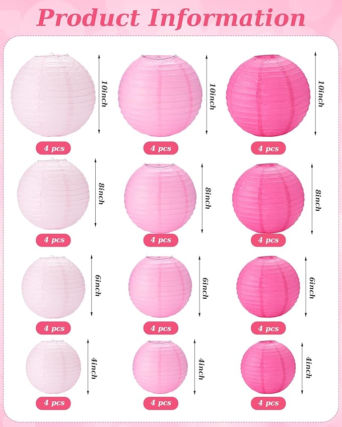 Treela 48 Pcs Paper Lanterns Party Decorations Chinese Round Paper Decor 4/6/8/10 Inch Asian Hanging Lamps Decorative for Graduate Wedding Birthday Party Bridal Parties Supplies(Pink Series)