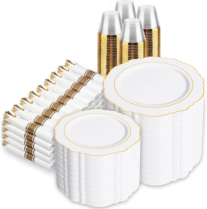 Liacere 700PCS Gold Plastic Plates - Baroque Dinnerware Sets for 100 Guests - 200 Disposable Plates（10inch，7inch）, 300 Gold Plastic Silverware, 100 Cups, 100 Napkins for Wedding & Easter Day