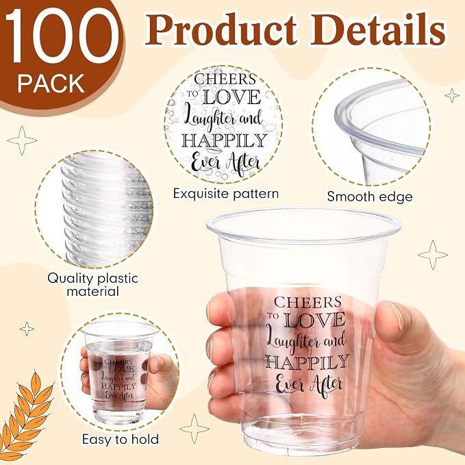 Jingmore 100 Pcs Wedding Plastic Cups 12 oz Cheers to Love Laughter Happily Ever After Disposable Clear Drinking Cups Bulk for Wedding Reception Bridal Shower Engagement Party Decorations Supplies