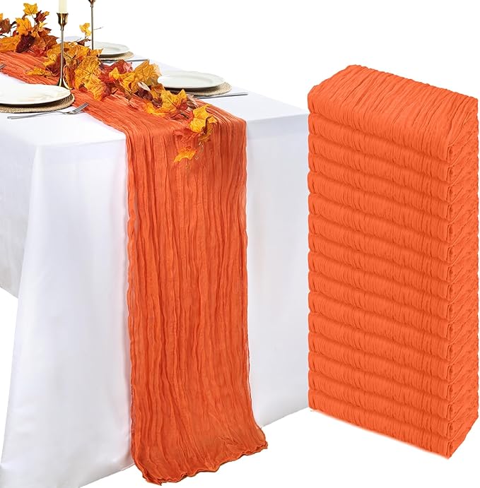16 Pack Table Runner Orange Cheesecloth 10ft Boho Gauze Fabric 120 Inch Cheese Cloth Table Runner Rustic Sheer for Holiday Baby Shower Party Décor Home Wedding Decoration