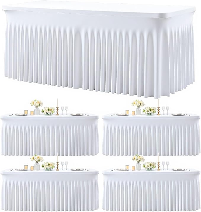 6 Pack White Table Cloth for 8 Foot Rectangle Tables Spandex Fitted Tablecloth 8ft Stretch Table Covers Skirt White Banquet Tablecloths Wrinkle Free Tablecloth for Party Wedding Birthday Event