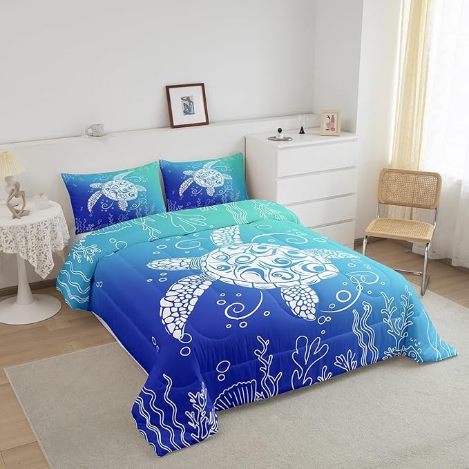 Feelyou Sea Turtle Comforter Set King Size Kids Ombre Art Comforter for Boys Girls Teens Marine Themed Bedding Set Underwater Animal Duvet Set Ocean Creature Quilt