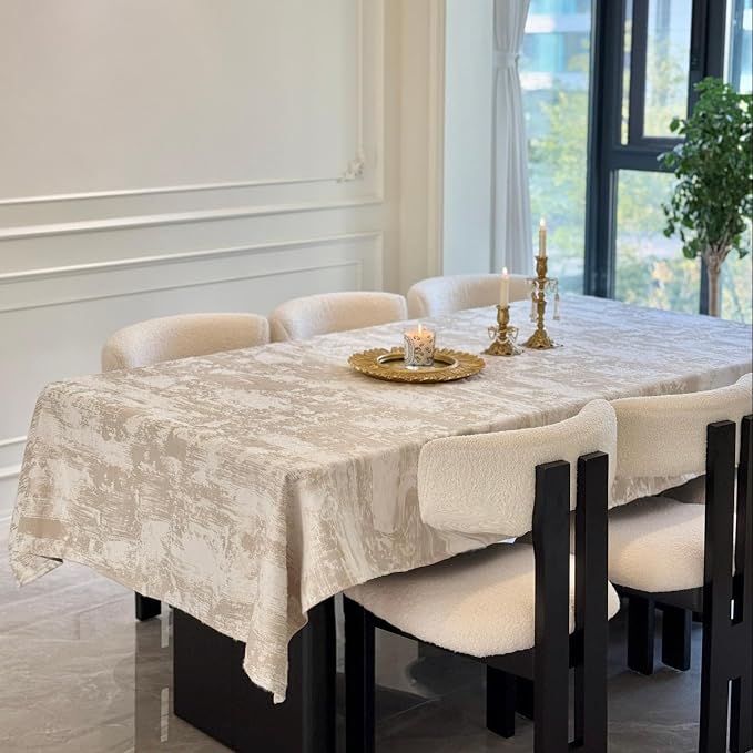 Rectangle Beige Tablecloth 60 x 84 Inch, Jacquard Spillproof Waterproof Table Cloth, Polyester Cotton Decorative Fabric Table Cover for Dining, Party, Wedding, Kitchen, Farmhouse