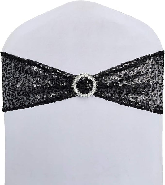 High Elastic Sequin Chair Sashes Bling Bling Chair Sashes Soft Strecth Sequin Material Shining Sequin Chair Bows for Party Decoration Home (50PCS, Black+Buckle)