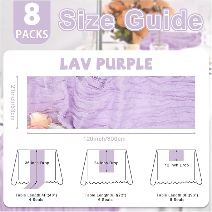 8 Pack Lav Purple Valentine's Day Cheesecloth Table Runner 21x120 Inch Gauze Table Runners Reusable Polyester 10ft Boho Rustic Cheese Cloth Table Runner for Wedding Party Baby Shower Birthday
