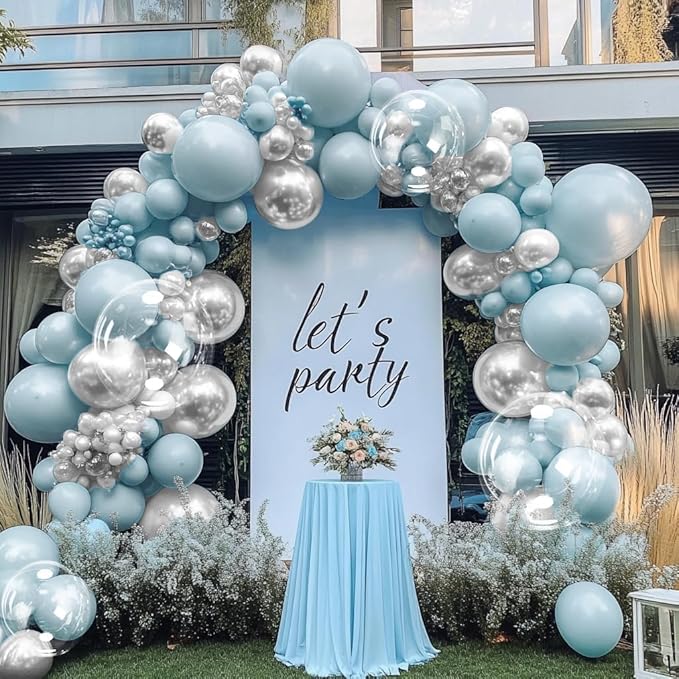 Pearl Blue Balloon Arch Double Stuffed Pastel Light Baby Blue Balloon Garland Kit Different Sizes With Clear Balloons for Birthday Wedding Bridal Baby Shower Anniversary Engagement Party Decor