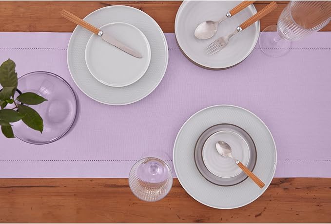 Solino Home Cotton Linen Table Runner 120 Inches Long - Hemstitch Lavender Ice Dining Table Runner 14 x 120 Inch for Mothers Day, Spring, Summer