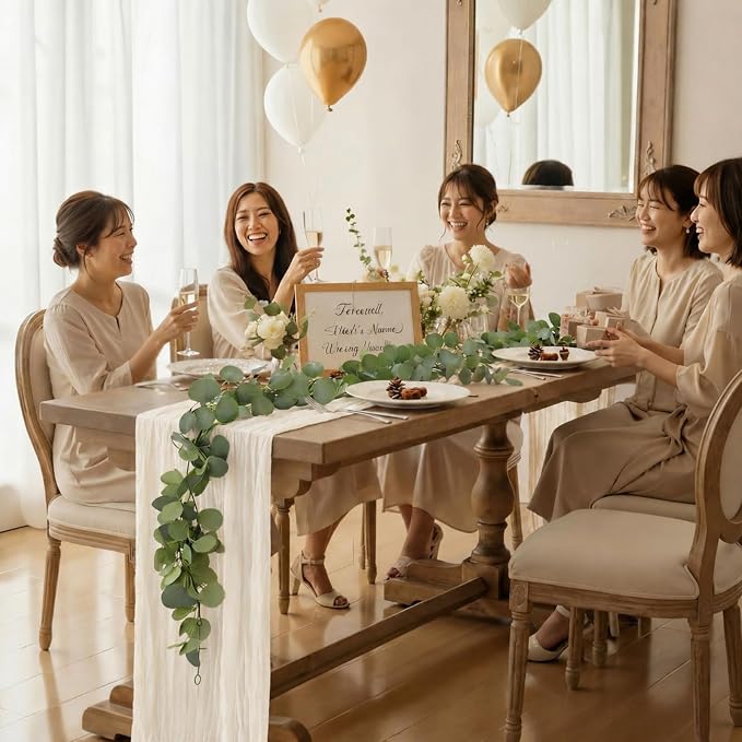 Leinuosen 8 Set 10 Ft Ivory Cheesecloth Table Runner Wedding Decor with 6 Ft Eucalyptus Garland, Boho Gauze Table Centerpiece Runner for Wedding Baby Shower Birthday Party Decoration