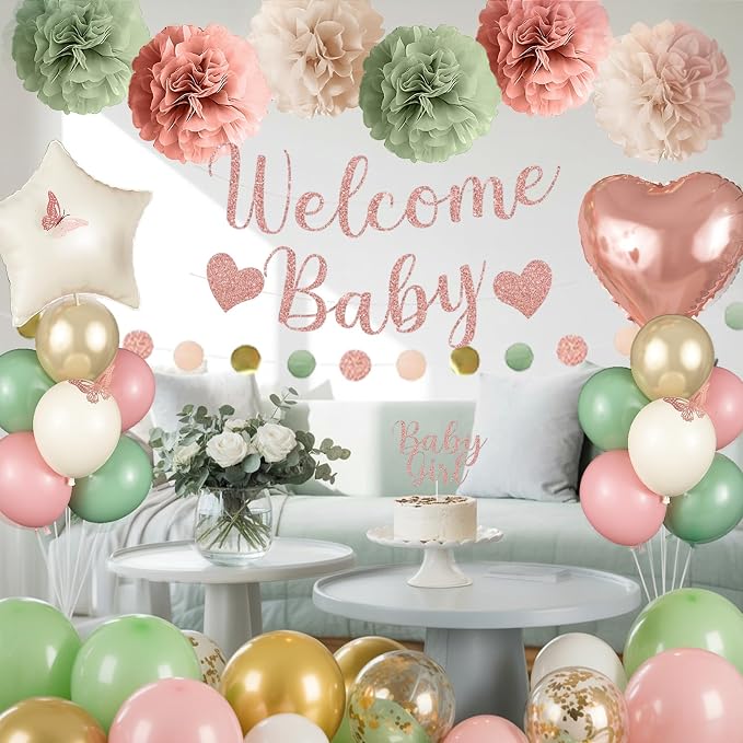 Baby in Bloom Baby Shower Decorations, Sage Green Dusty Blush Pink Gold Sand White Latex Confetti Balloons with Banner Cake Topper Pom Poms Tassel for Girls Boho Fairy Floral Birthday Party Decoration