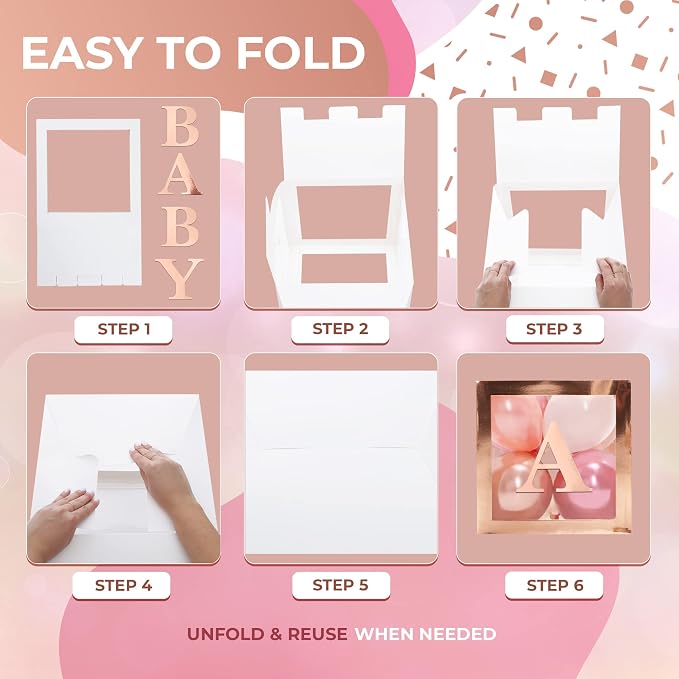 44-Piece Baby Shower Decorations for Boy or Girl - 4 Boxes with Letters and 32 Balloons - Elegant Rose Gold - Gender Reveal Party Supplies - Photo Shoot Backdrop and Nursery Décor