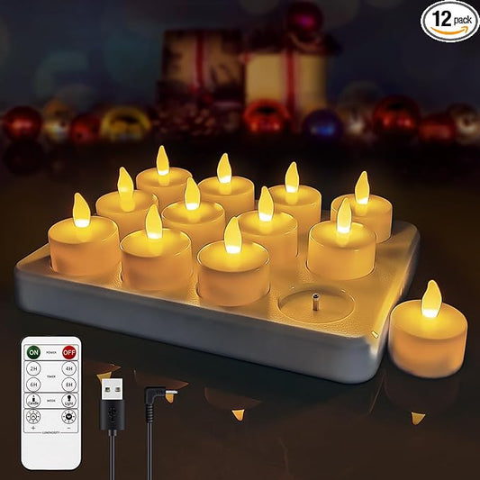 idyl light Rechargeable Tea Lights,Flameless LED Candles with Remote Timer,Battery Operated Tea Lights Flickering Votive Candle,for Home Restaurant,Holiday Party (12 Pack)