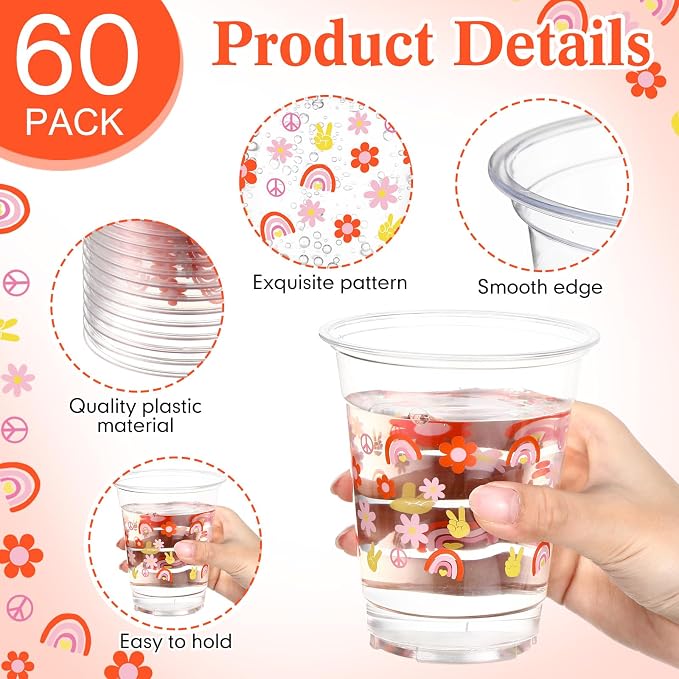 Funnymoom 60 Pack Groovy Cup 12 oz Daisy Flower Disposable Clear Plastic Boho Retro Hippie Drinking Cups for 60s 70s Groovy Themed Birthday Baby Shower Party Decorations Supplies