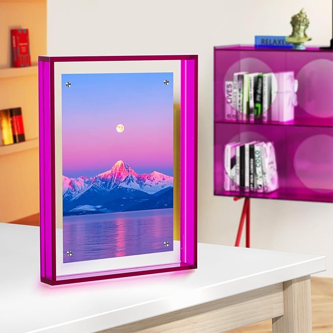 TWING 5x7 Picture Frame, Acrylic Photo Frame Self Standing Magnetic Color Floating Picture Frame Use as 5x7, 5x5, 4x6 - Horizontal and Vertical Formats for Wall and Tabletop Display, Purple, 1 Pack