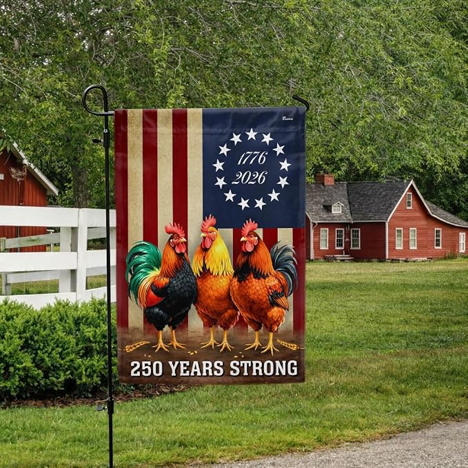 American Flag-250 Years Strong 1776 2026 Chicken Flag, Patriotic Rooster Farm Decor, Garden Flag (11.5" x 17.5")-USA Premium Polyester