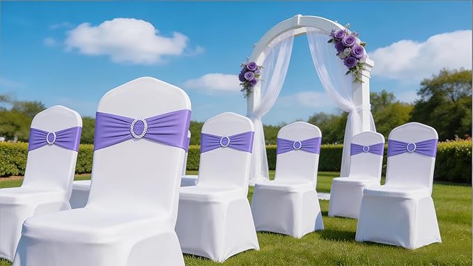 100 PCS Spandex Lavender Chair Sashes for Wedding Stretch Light Purple Chair Bows Bands with Buckle for Party Banquet Birthday Engagement Outdoor Events Decorations