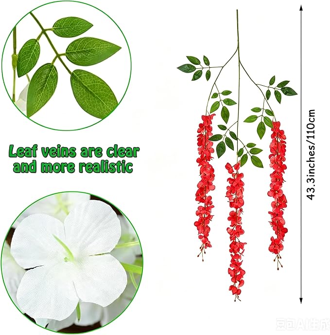 Artificial Wisteria Hanging Flowers Fake Wisteria Flower Garland Silk Vines Rattan Decor for Home Wedding Arch Wall Garden Greenery Bedroom Outdoor Office Party Decoration (24, Red)
