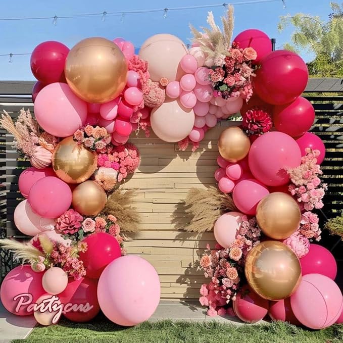 Hot Pink Balloon Arch Kit Double Stuffed, Dark Light Pink Magenta Blush Gold Balloon Garland for Birthday Baby Shower Wedding Mother's Day Cheetah Bridal Shower Party Decoration