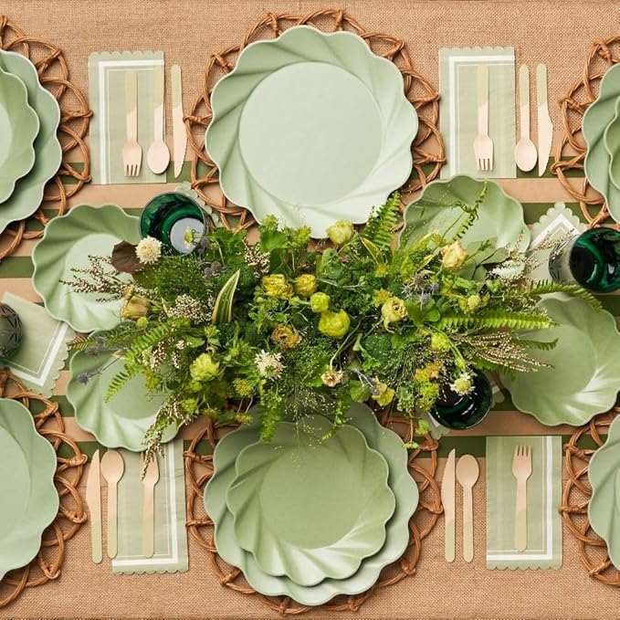 Eco-Friendly Compostable Party Plates - 24 Piece Set in 3 sizes. 8 XL Plates, 8 Dinner Plates, 8 Salad Plates- Made Of Bamboo Wood Fiber, and Sugarcane- Sturdy, Heavy Duty & Stunning - Sage