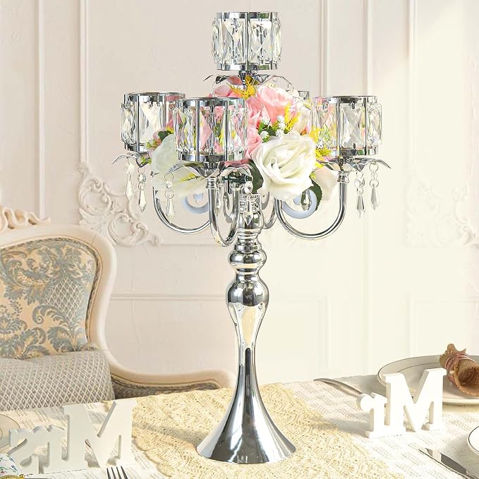 2Pcs Silver 5-Arm Crystal Pendant Metal Candle Holder with Square Crystal Bowl, 22-Inch Tall Wedding Table Centerpiece for Holiday Party Events, Christmas, Birthday Decorations